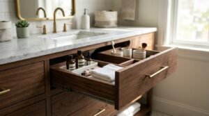 An open top drawer of a walnut bathroom vanity showing custom built-in organizers with skincare bottles, folded towels, and cosmetic brushes, set beneath a white marble countertop with an undermount sink and brass faucet