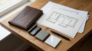 Architectural bathroom floor plan blueprint on an oak desk alongside stone tile swatches, leather journal, and pen