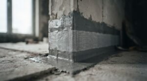Liquid waterproofing membrane and fiberglass reinforcement mesh tape applied to the base and corner of a concrete wall in a bathroom renovation