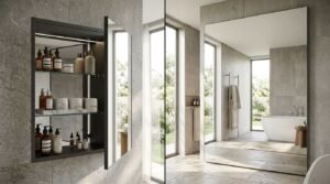 Split comparison showing a recessed matte black medicine cabinet with open mirror door and glass shelves beside a modern bathroom with a floor-to-ceiling mirror and freestanding tub
