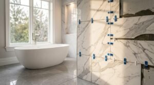 Large-format white marble porcelain wall tiles being installed with blue tile leveling clips next to a white freestanding bathtub
