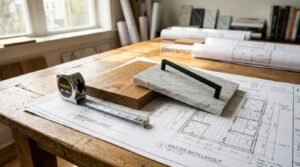 Master bathroom renovation blueprints laid out on a rustic wooden worktable with a Stanley tape measure, an oak wood sample block, a marble tile swatch, and a matte black cabinet pull handle