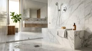 Bright walk-in shower with white veined marble tiles, built-in bench, chrome fixtures, and frameless glass partition
