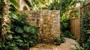 Brass rainfall outdoor shower mounted on stacked natural stone privacy wall surrounded by monstera leaves and tropical greenery