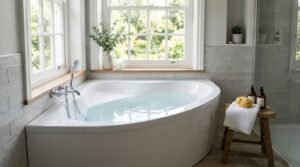 White back-to-corner acrylic bathtub filled with water under sash windows with chrome wall-mounted mixer faucet in a bright bathroom