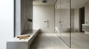 Architect's wooden ruler and pencil resting on a floating marble shower bench in a minimalist walk-in wet room with pebble tile flooring and glass partition