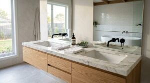 A modern master bathroom featuring a light oak floating double vanity with a thick marble countertop, dual undermount sinks, matte black wall-mounted faucets, large rectangular frameless mirrors, and a freestanding bathtub visible in the background