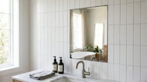 Recessed rectangular mirrored medicine cabinet set flush into a white vertical stacked subway tile wall above a marble vanity and brushed nickel faucet