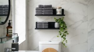 Two floating matte black shelves mounted above a toilet on a white marble tile wall holding folded grey towels, a cotton swab jar, and a trailing ivy plant