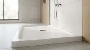 Low-profile white acrylic shower base with a central chrome drain cover, installed against beige tiled walls in a modern bathroom