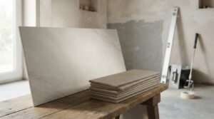 Large-format light grey stone porcelain wall slab leaning beside a stack of textured rectangular subway tiles on a wooden workbench at a bathroom renovation site