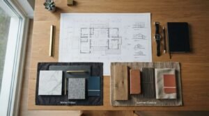 Flat lay of architectural house plans and exterior elevations on an oak desk paired with "Winter/Indoor" cool marble and slate swatches and "Summer/Outdoor" warm timber, terracotta, and linen samples