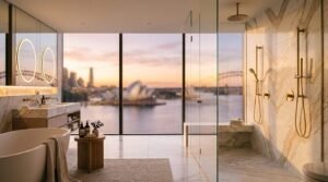 Luxury master bathroom with dual shower head, freestanding tub, and floor-to-ceiling window view of the Sydney Opera House at sunset
