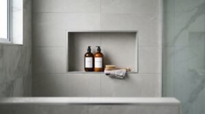 Horizontal recessed shower niche with brushed silver metal trim perfectly aligned with light grey porcelain wall tile grout lines