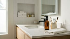 A floating light-oak bathroom vanity with its top drawer pulled open, displaying amber toiletry bottles and folded white bath towels, beneath an oval vessel sink, chrome faucet, and large round wall mirror