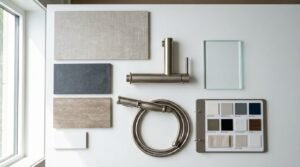Bathroom materials mood board featuring brushed nickel plumbing fixtures, tile samples, clear glass swatch, and paint color chart