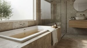 Built-in drop-in bathtub with travertine tile surround, wall-mounted spout, and glass shower enclosure in a warm earth-tone bathroom