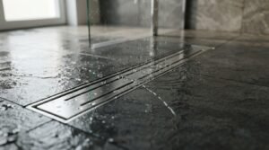 Stainless steel linear shower drain channel receiving falling water on wet dark grey slate floor tiles next to a glass screen