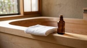 Amber glass bottle of maintenance oil with a folded white cloth resting on the wooden rim of a Japanese soaking tub