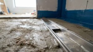 Stainless steel linear shower channel drain installed set into concrete screed mortar floor during bathroom waterproofing construction