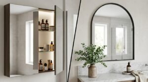 Split comparison of an illuminated wooden medicine cabinet with open mirror doors next to a modern black arched vanity mirror on a marble countertop