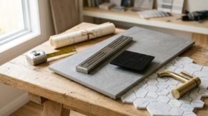 Bathroom renovation planning flat-lay with stainless steel linear drain, black square drain, grey porcelain tile slab, marble hexagon mosaics, and brushed brass faucet