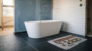 White freestanding bathtub in a bathroom undergoing renovation with partially installed subway tiles, dark floor tiles, and copper plumbing pipes laid out on a drop cloth