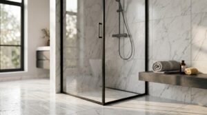 Modern corner walk-in shower with black metal framed glass door, white veined marble tiles, and floating dark bench