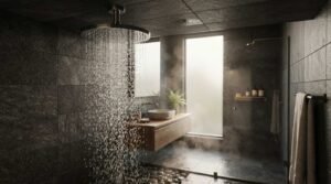 Ceiling-mounted round brushed metal rainfall shower head with cascading water droplets in a steamy dark slate bathroom with river rock drainage floor