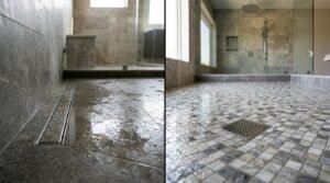 Side-by-side comparison of a tile-infill linear shower drain in large slate floor tiles vs a square central point drain in mosaic tiles