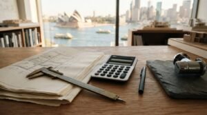 Architect's desk with blueprint plans, caliper tool, calculator, pen, and stone tile sample overlooking the Sydney Opera House