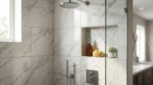 Large-format white Calacatta marble wall tiles in a walk-in shower featuring a recessed niche with geometric mosaic accent tiles