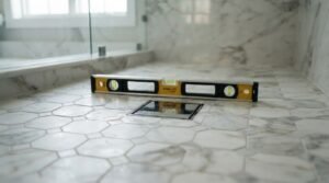 Yellow spirit level placed on white marble octagon-and-dot mosaic shower floor tiles above a square chrome drain insert