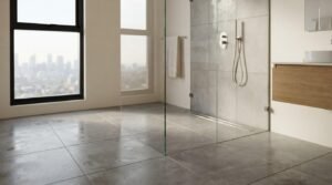 Modern apartment walk-in shower with frameless glass panels, grey concrete-look floor tiles, brushed chrome hand shower, linear drain, and city skyline view