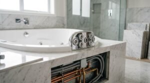 Drop-in whirlpool spa tub in a marble tile deck with an open access panel revealing copper plumbing pipes and electrical conduit