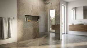 Curbless walk-in shower with a single glass screen, textured stone wall tiles, linear drain, and built-in shower niche