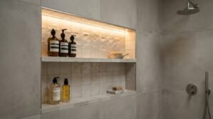 Illuminated two-tier shower niche with warm recessed LED strip lighting and cream Zellige accent tile inlay set into grey concrete-look wall tiles