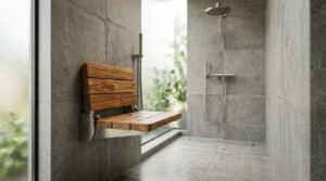 Wall-mounted teak fold-down shower seat in modern walk-in shower with grey concrete tiles and rainfall head