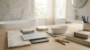 Interior design moodboard with marble tiles, white fluted tile sample, mini bathtub model, compass, and scale ruler on wooden desk