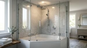 Corner bathtub and shower combination with frameless glass enclosure, marble wall tiles, and chrome rain shower head