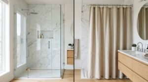 Side by side split screen comparison of a glass enclosed walk-in marble shower and a linen fabric shower curtain in a modern bathroom