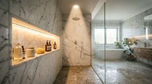 Waterproof recessed ceiling spotlight shining over a rainfall shower head in a white marble tile shower with LED-lit shelf niche