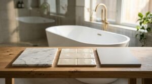 Three bathroom material samples featuring grey-veined white marble, glossy cream glazed ceramic tiles, and matte light grey solid surface on an oak table with a freestanding tub in the background