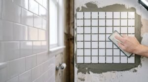 Side-by-side comparison showing clean white subway tile wall on left and a hand using a rubber float to install white square mosaic tile sheet into thin-set mortar on right