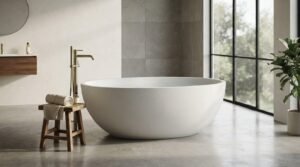 Round white stone resin freestanding soaking tub with brushed brass floor-mounted filler faucet on a polished concrete bathroom floor