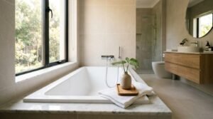 White drop-in bathtub set into a marble deck with wall-mounted chrome fixtures beside a large window in a modern bathroom