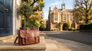 Vintage brown leather satchel briefcase resting on sandstone front doorstep steps beside a navy entrance door, with historic English manor architecture in the sunny background