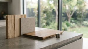 Tactile architectural material sample palette featuring natural timber cladding boards, textured terrazzo stone tile, oak flooring plank, and a brushed stainless steel cylinder knob on a honed grey limestone kitchen island bench