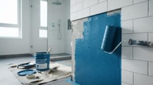 Paint roller applying thick blue liquid waterproofing membrane over reinforcing mesh and cement substrate on a partially tiled subway tile shower wall