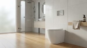 Floor-mounted back-to-wall ceramic toilet pan with a brushed chrome dual-flush plate on large off-white porcelain wall tiles and light oak wood-look flooring